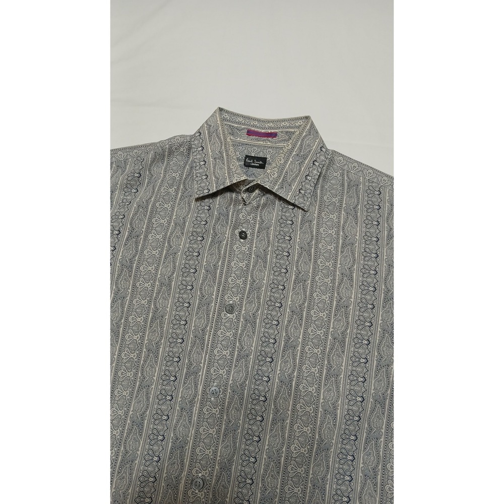 Paul Smith Mens Large Gray White Paisley Stripes‎ Button Shirt Italy Size 15/38